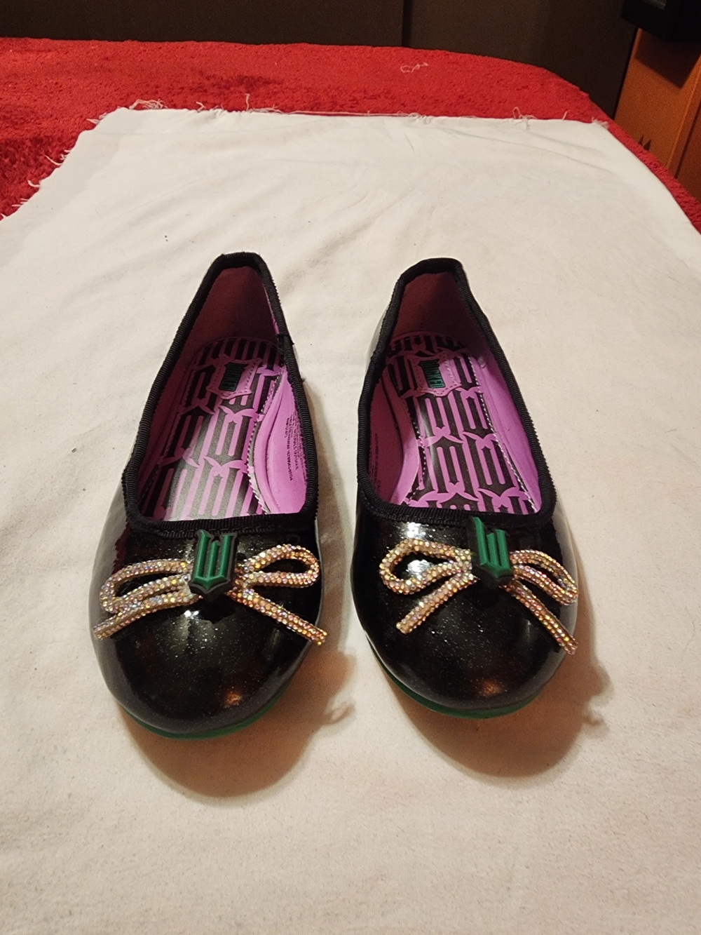 Wicked themed Black Glitter Bow Ballet Flats with Green Trim girls size 12